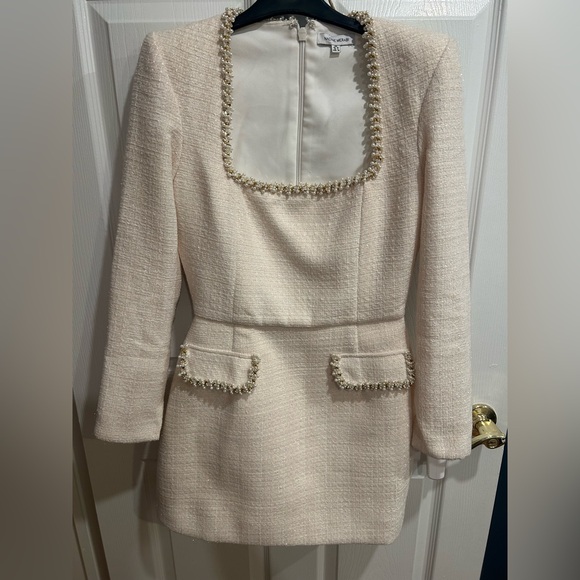 NADINE MERABI Dresses & Skirts - NADINE MERABI Cream Long Sleeve Dress with Pearl Details